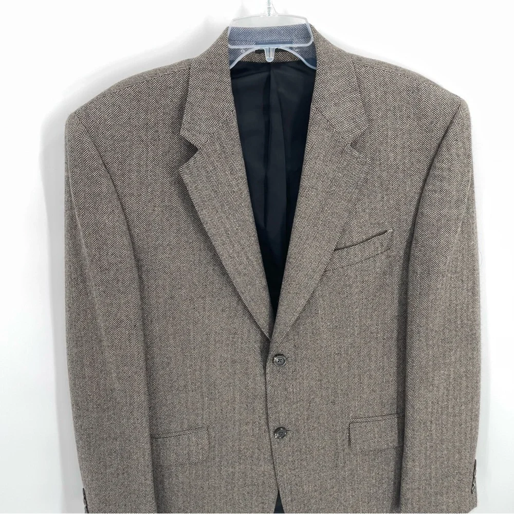 Lauren Ralph Lauren 100% Lambswool Blazer Mens Size 41L Brown Black Herringbone